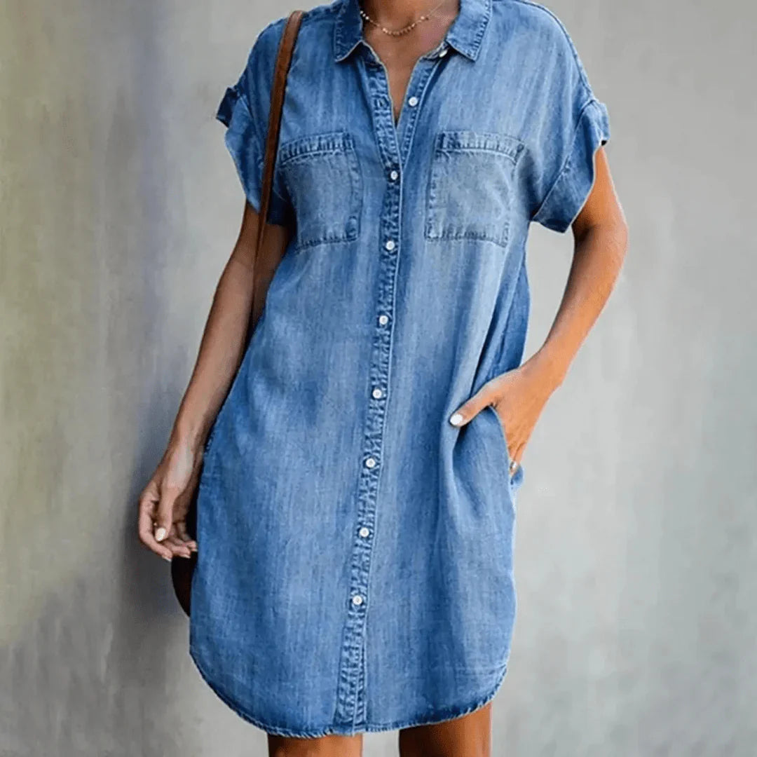 Abiella – Casual Denim Button Shirt Dress