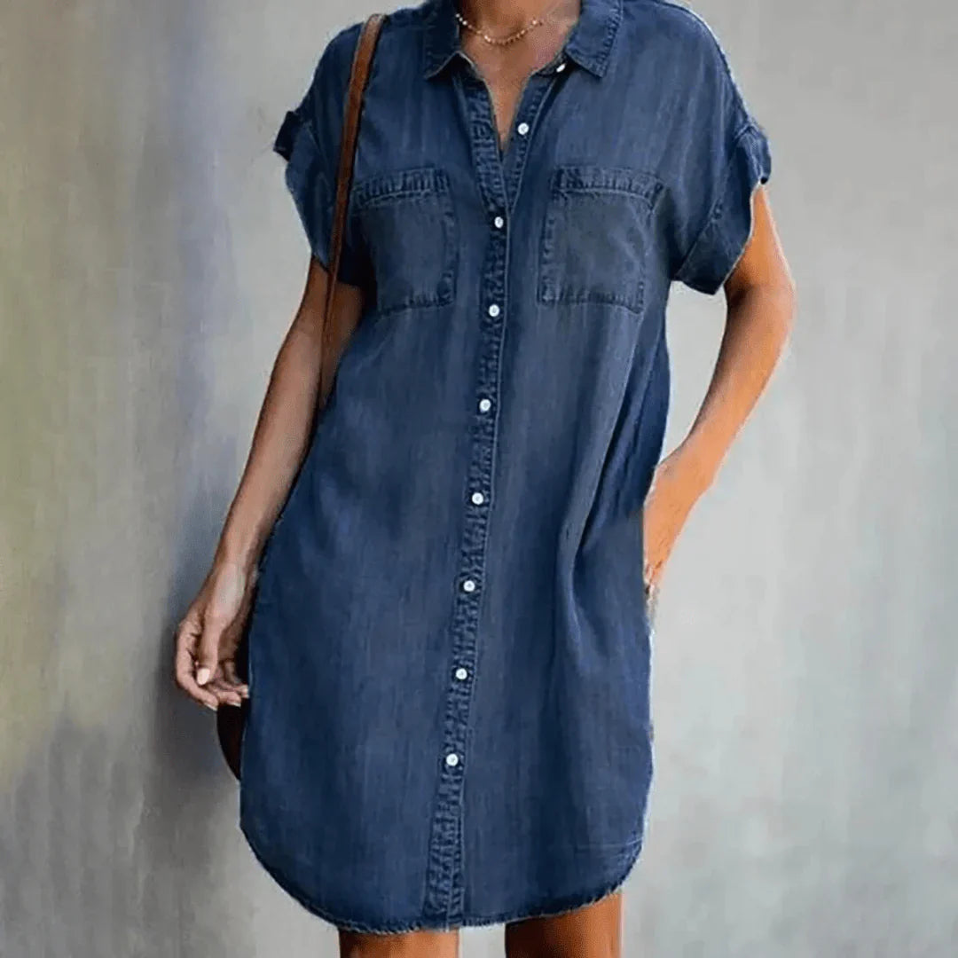 Abiella – Casual Denim Button Shirt Dress