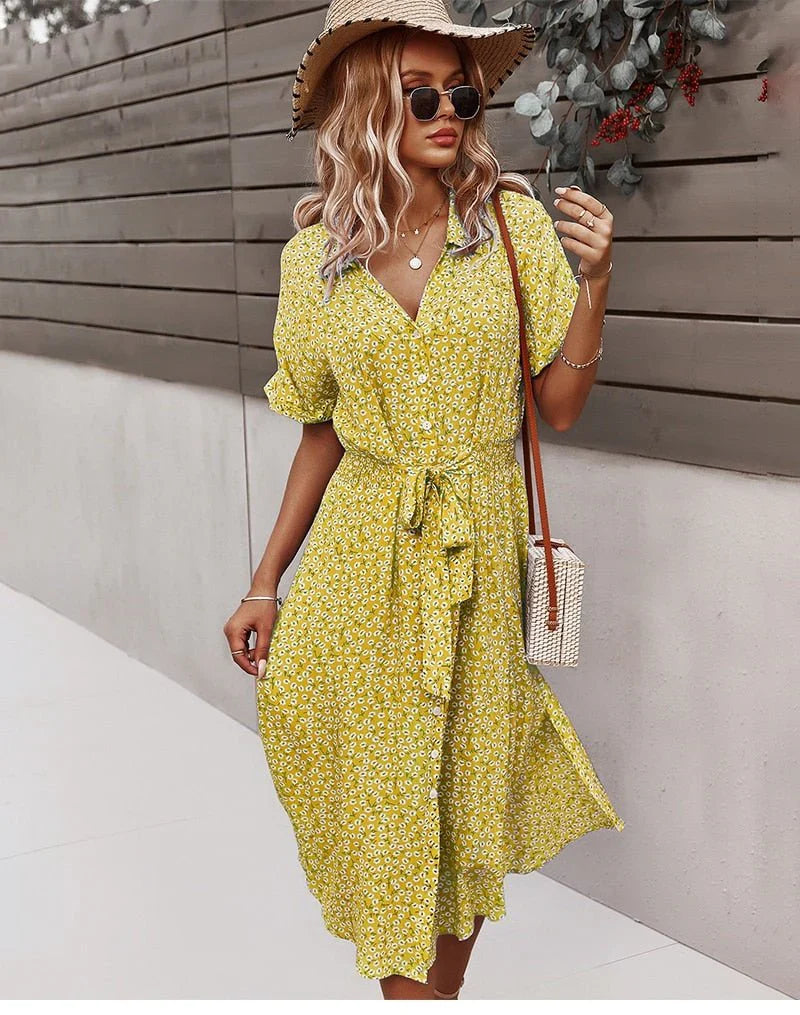 Brently – Floral Button-front Tie-Waist Midi Dress