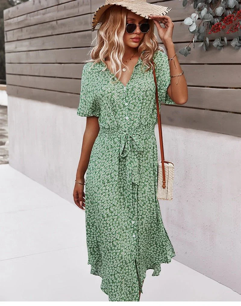 Brently – Floral Button-front Tie-Waist Midi Dress