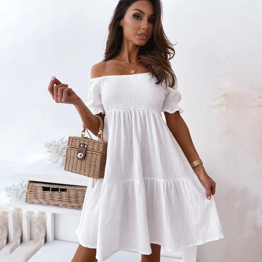 Lorelaine – Off-shoulder Smocked Mini Dress with Ruffle Sleeves