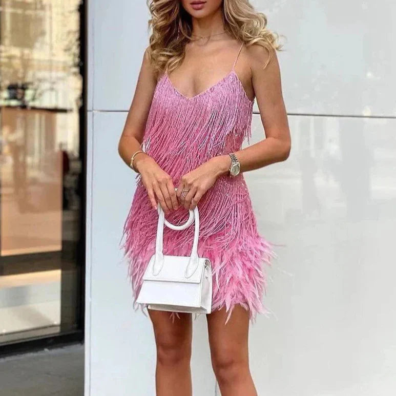 Shelah – Sequin and Feather Fringe Party Mini Dress