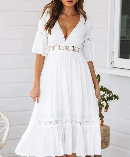 Clara - Elegant White Dotted Floral Dress