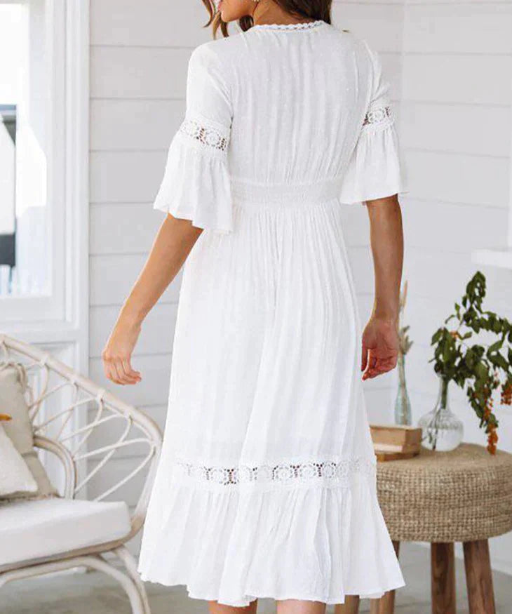 Clara - Elegant White Dotted Floral Dress