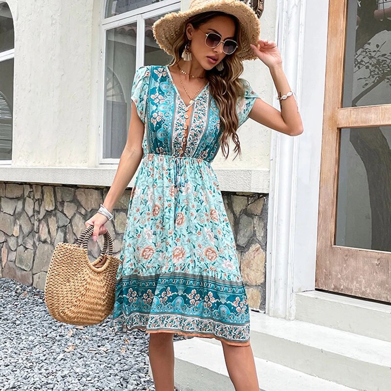 STELLA - Boho Midi Dress with Floral Print