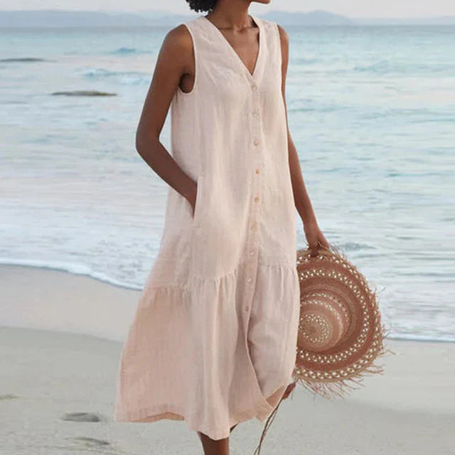 Clea - Sleeveless Cotton Linen V-neck Dress