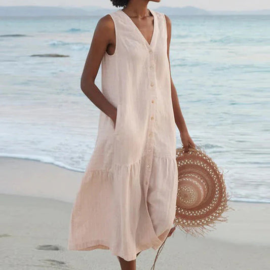 Clea - Sleeveless Cotton Linen V-neck Dress