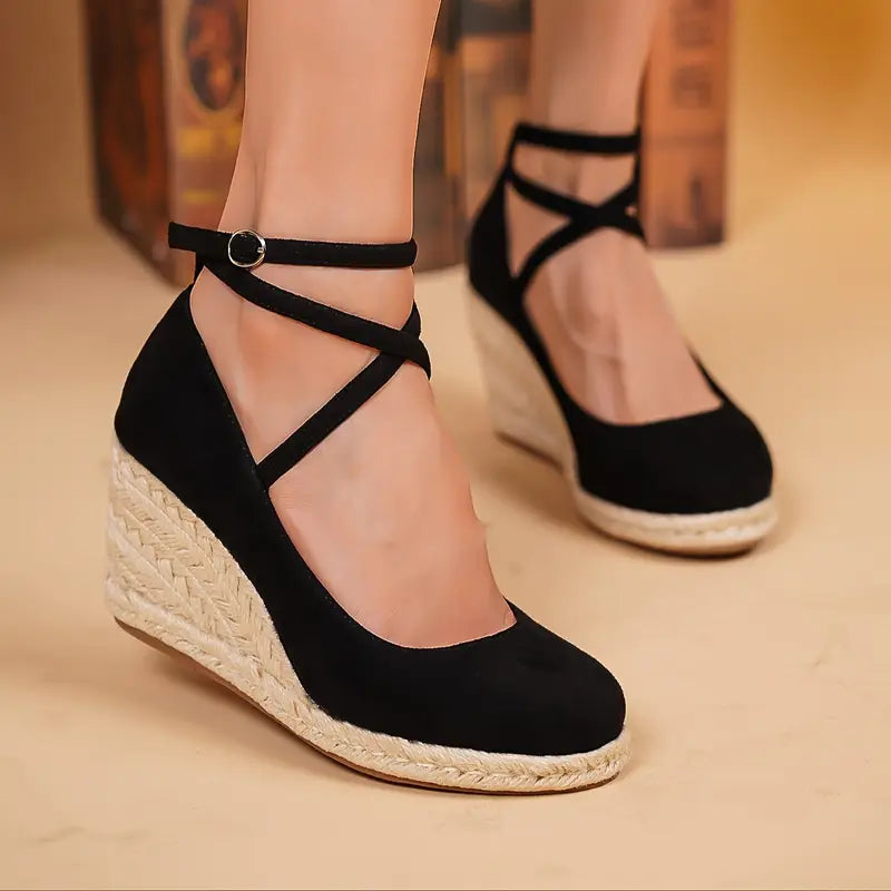 Leija – Black Wedge Espadrilles with Ankle Strap