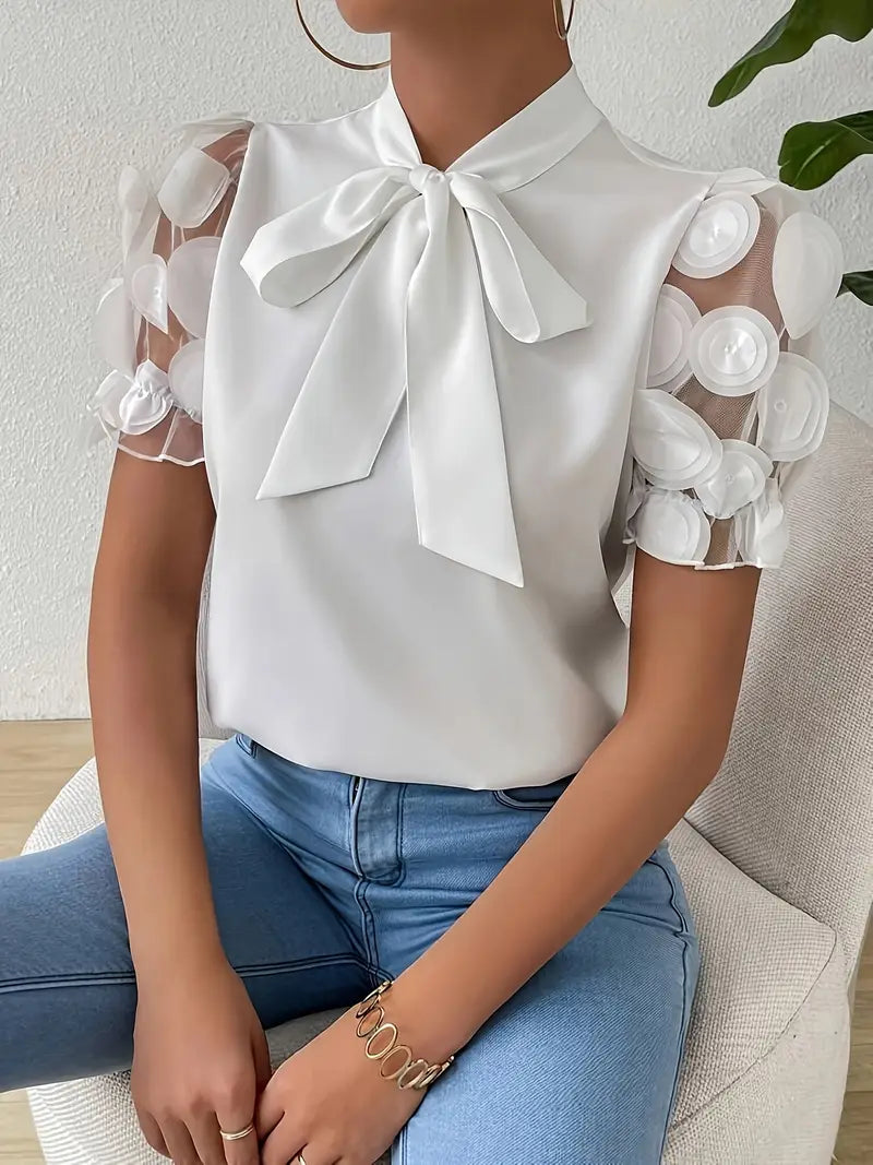 Iscaria – Elegant Bow Tie and Mesh Sleeves Blouse
