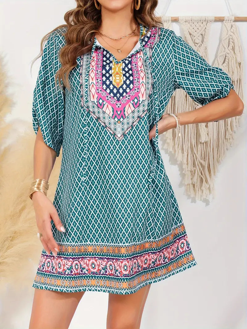 Zariah – Charming V-neck Boho Print Tunic Dress