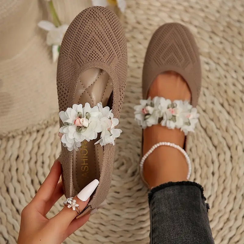 Sylverna - Charming Floral-embellished Knit Flats