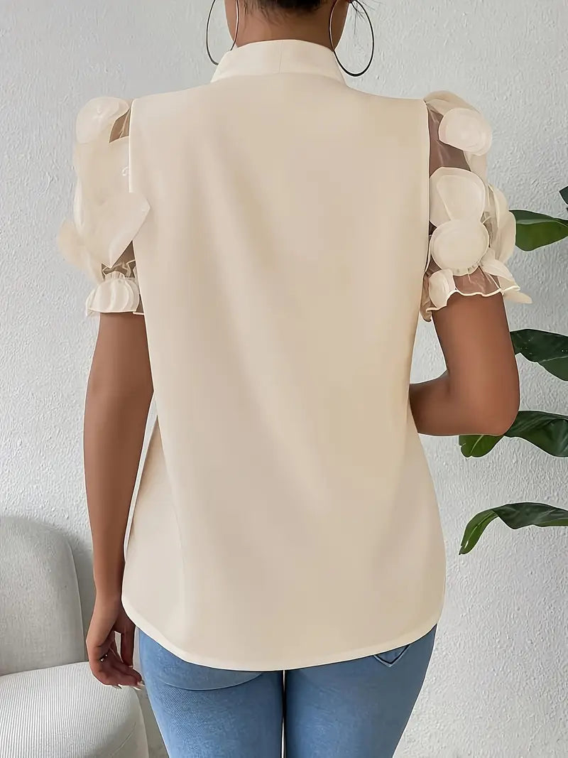 Iscaria – Elegant Bow Tie and Mesh Sleeves Blouse