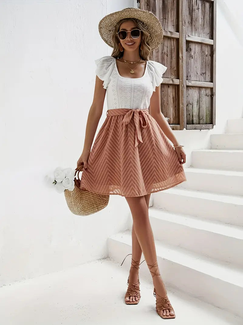 Caliah – Charming Eyelets Ruffle Sleeves Dress