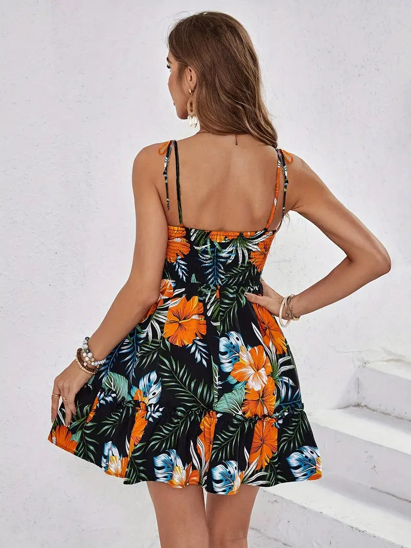 Ivella – Tropical Floral Print Mini Dress with Lace Waist
