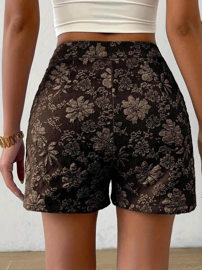 Tazlira – Elegant Floral Embossed High-waist Shorts