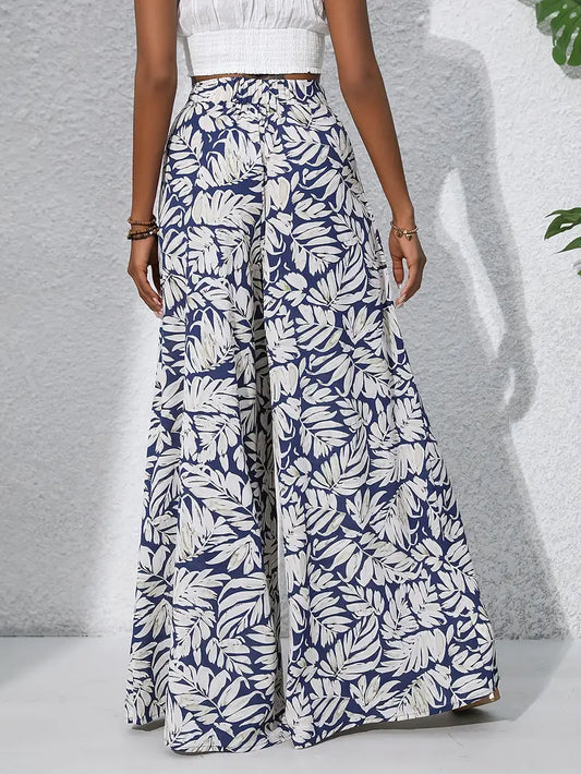 Louvelle – Stylish Tropical Print Wide-leg Trousers