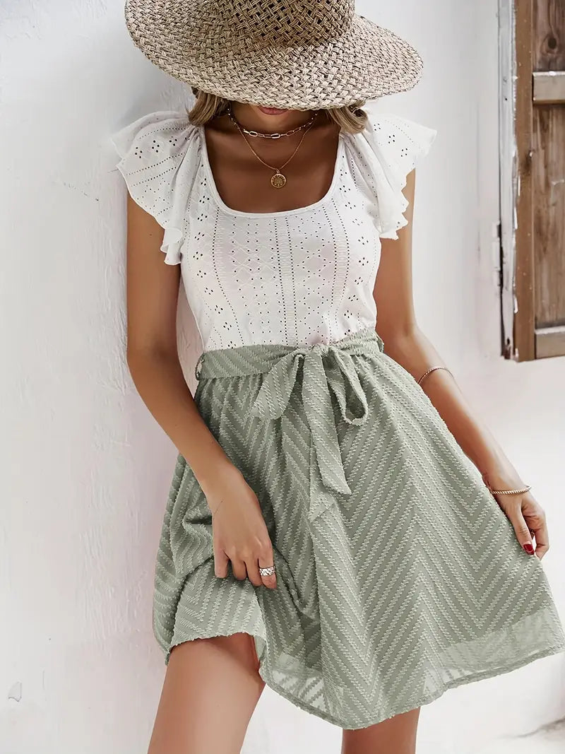 Caliah – Charming Eyelets Ruffle Sleeves Dress