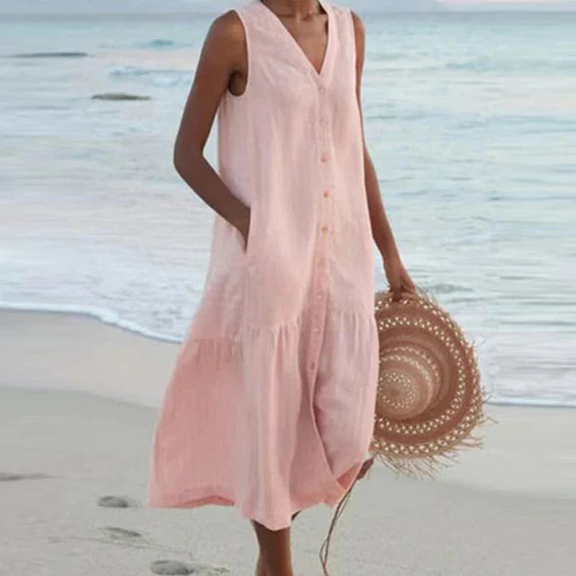 Clea - Sleeveless Cotton Linen V-neck Dress
