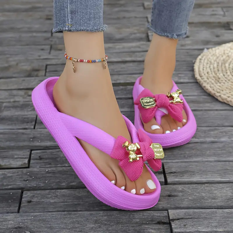 Anneliese – Platform Flip-flops with Bow and Gold Charm Detail