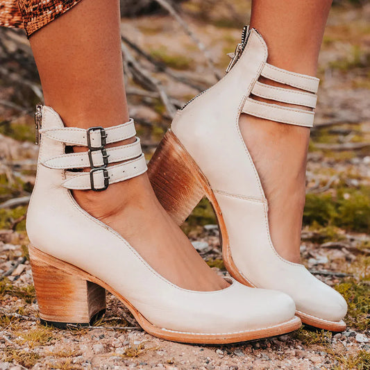 Mariene – Round Toe Leather Block Heel Shoes