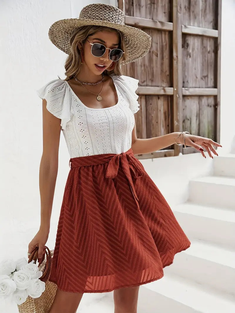 Caliah – Charming Eyelets Ruffle Sleeves Dress