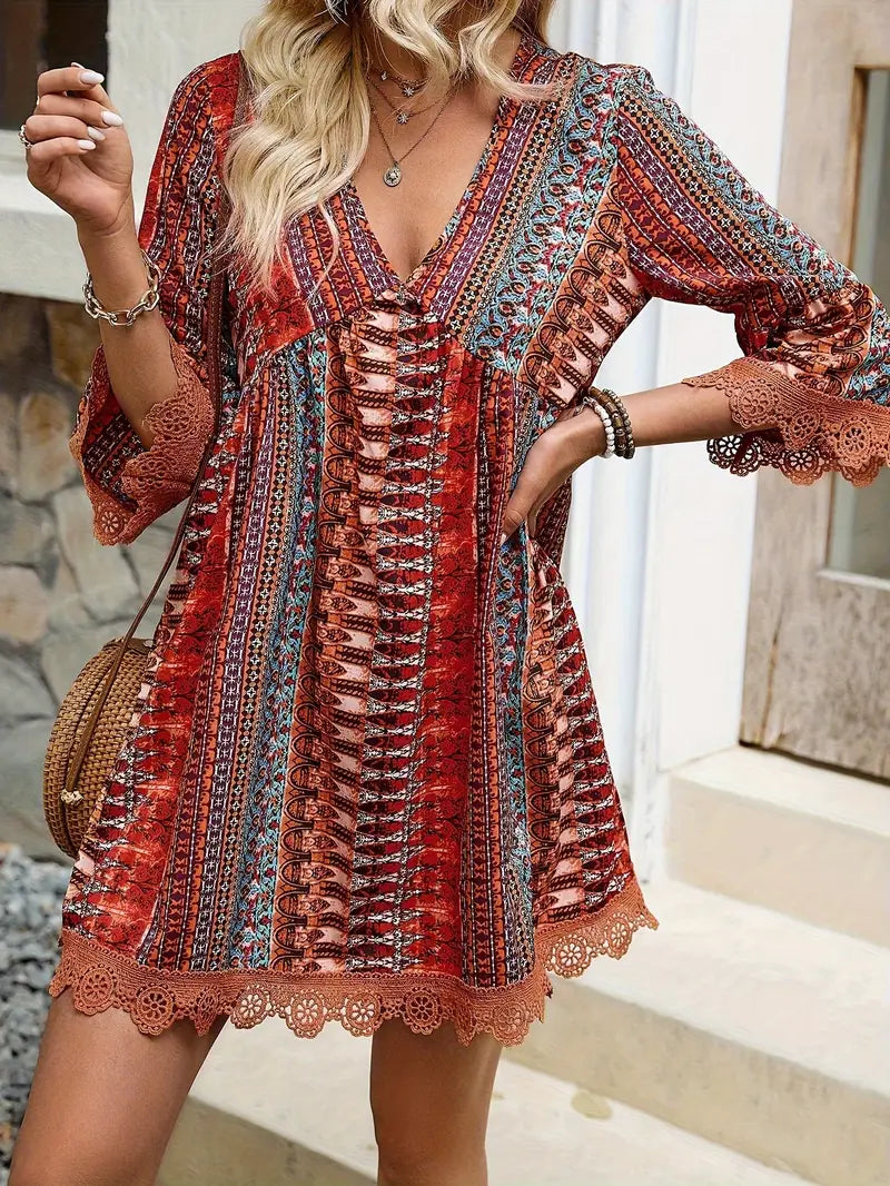 Mindy – Stylish V-neck Boho Print Mini Dress