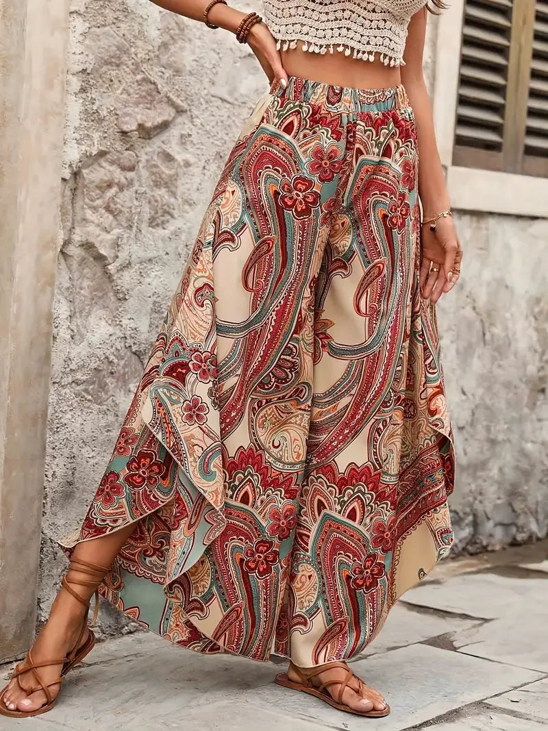 Loren – Boho Paisley Palazzo Pants with Slit