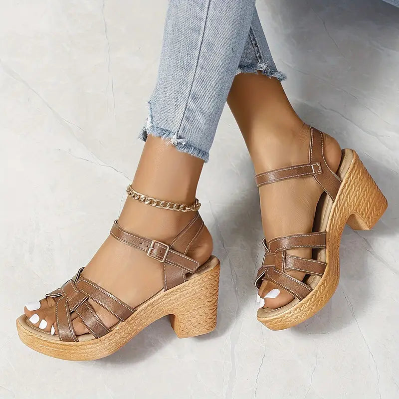 Eldarose – Vintage Woven Chunky Heel Strap Sandals