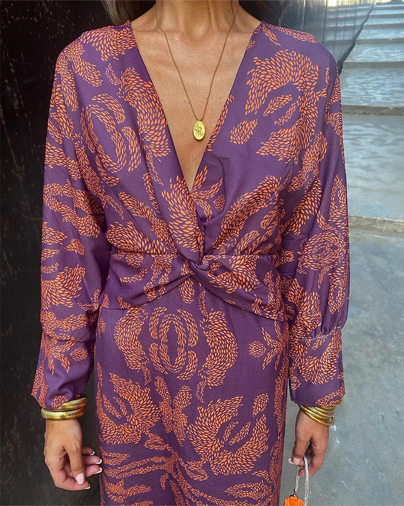 Grida – Long-sleeved Boho Print Twist-front Dress