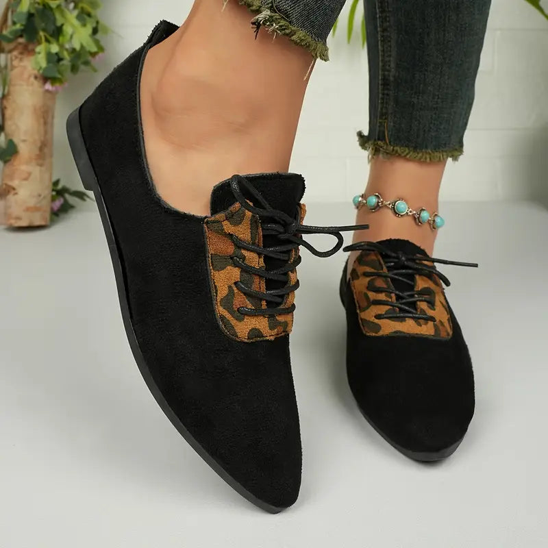 Melithra – Elegant Suede Lace-up Shoes with Leopard Print