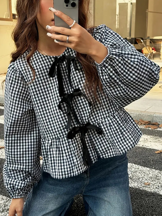 Liora - Vintage Checkered Long Sleeve Blouse