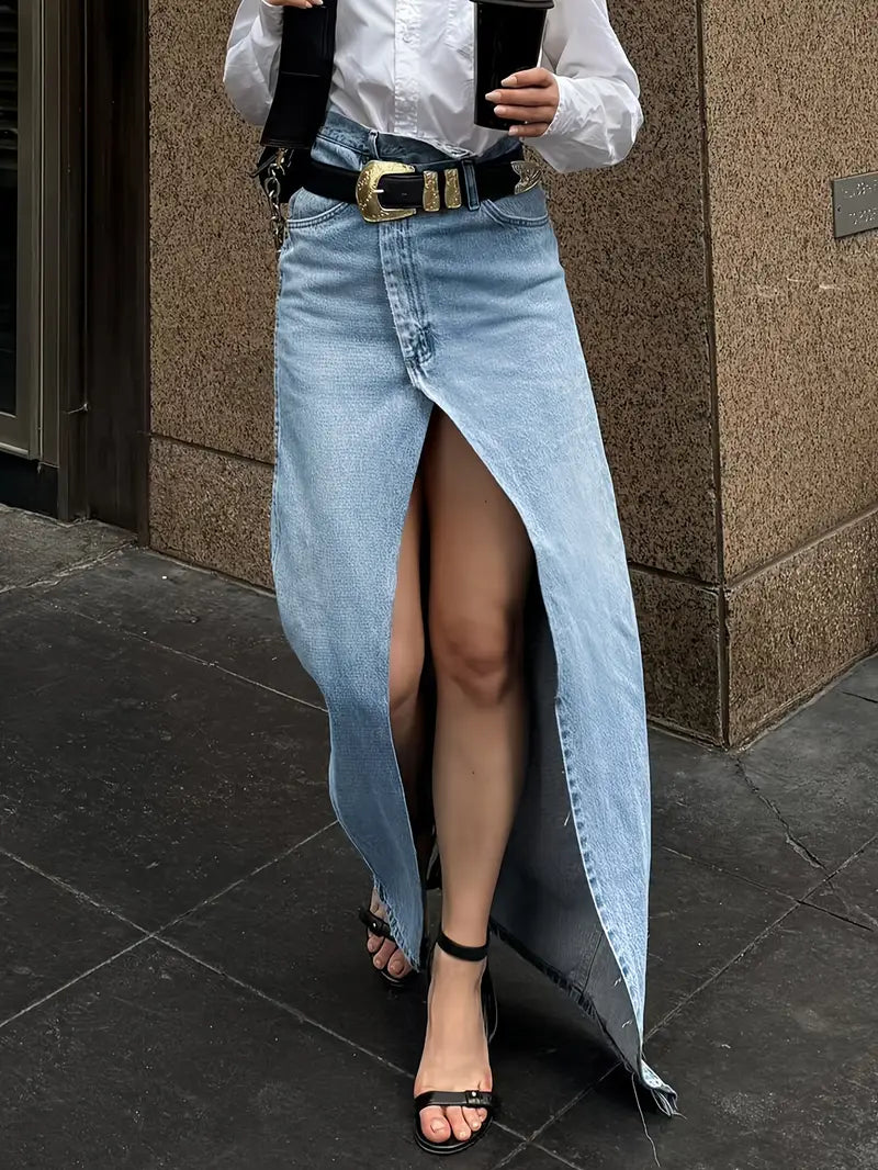 Caylie – Stylish High Slit Denim Skirt