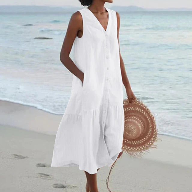 Clea - Sleeveless Cotton Linen V-neck Dress