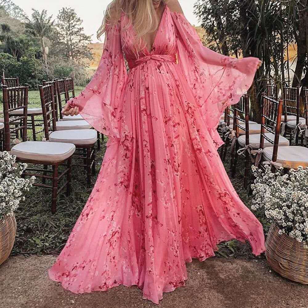 Nalani - V-neck Floral Chiffon Maxi Dress