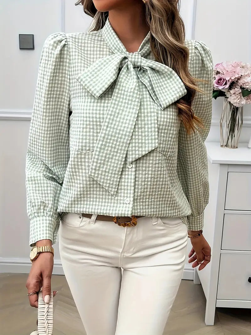 Mortisia – Classic Bow Tie Checkered Blouse