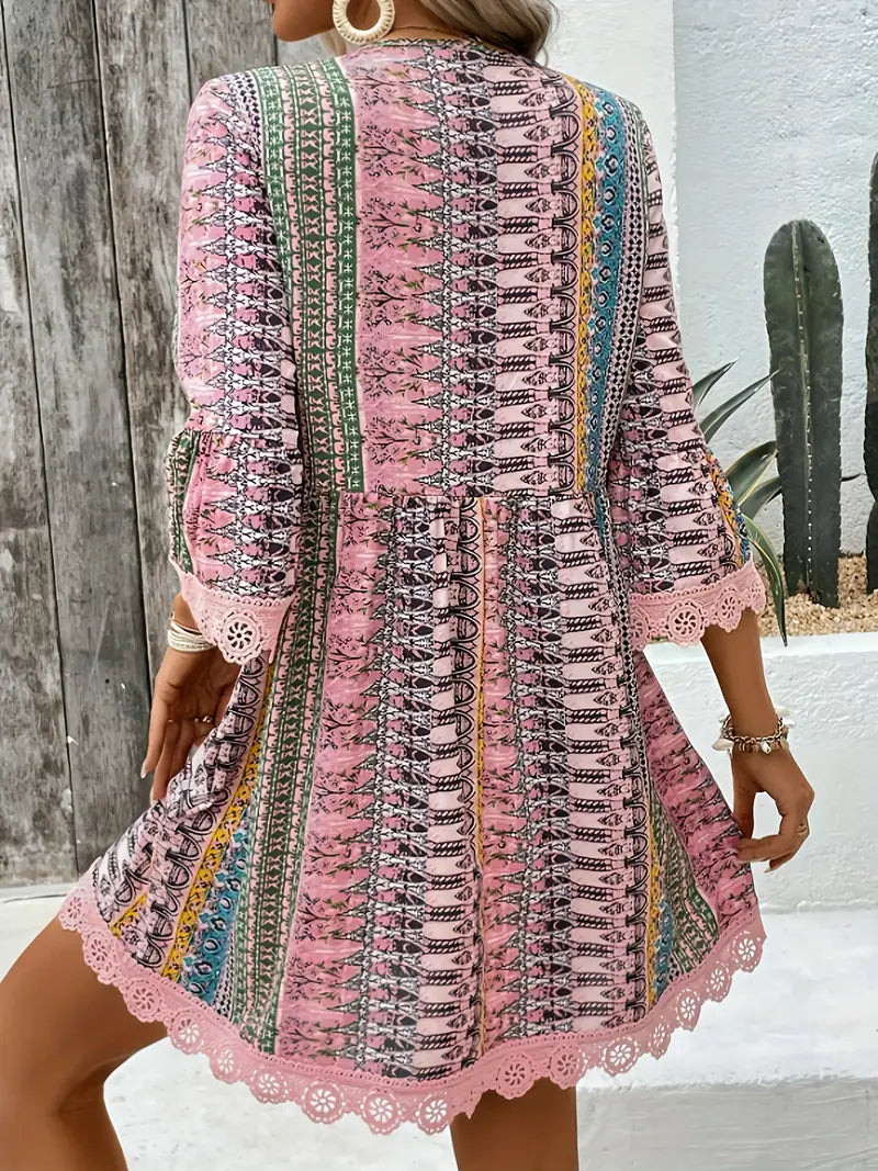 Mindy – Stylish V-neck Boho Print Mini Dress