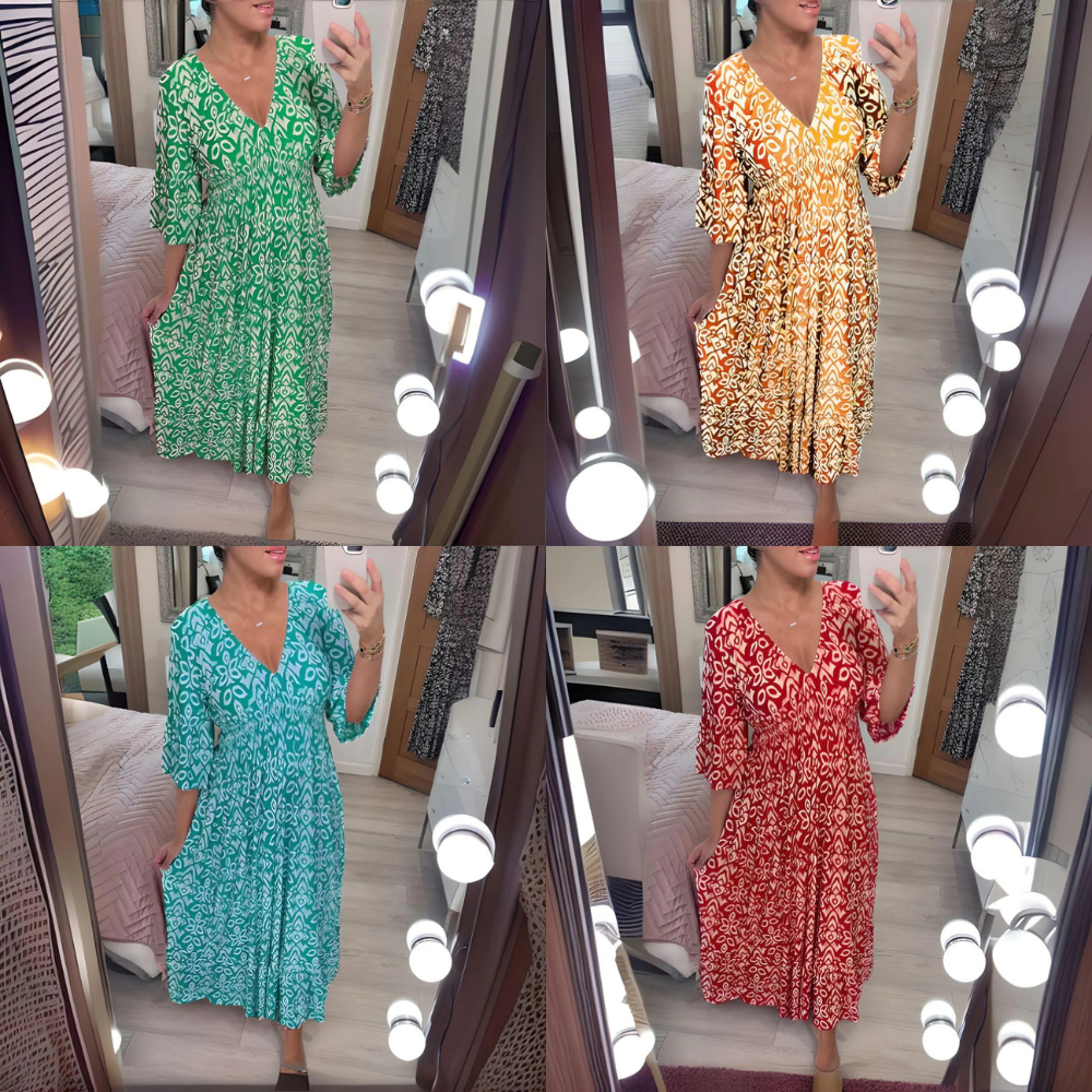 Lourdez - Boho Printed V-neck Maxi Dress
