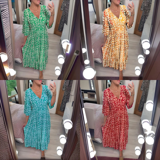 Lourdez - Boho Printed V-neck Maxi Dress