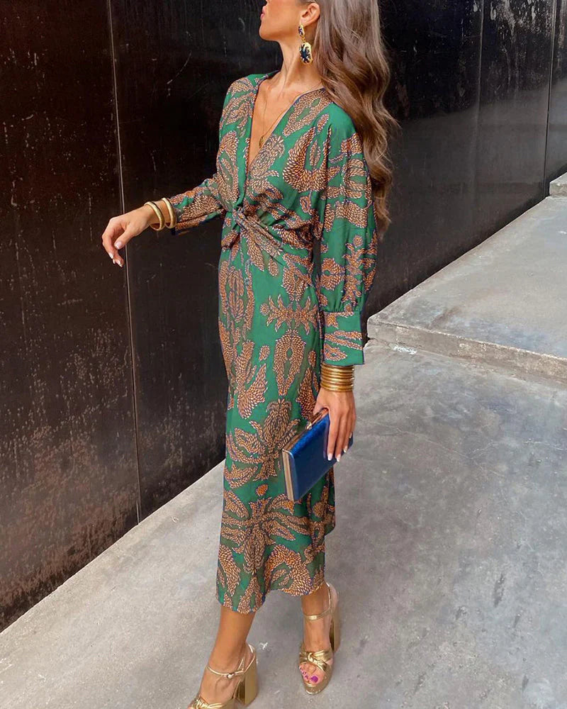 Grida – Long-sleeved Boho Print Twist-front Dress