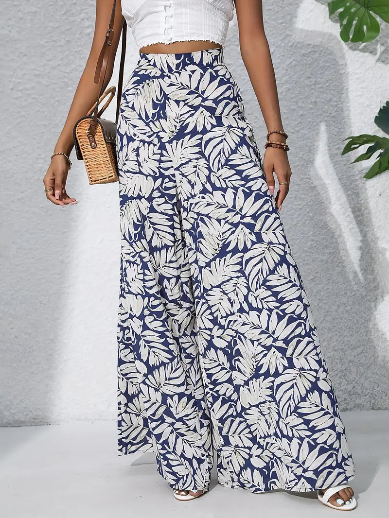 Louvelle – Stylish Tropical Print Wide-leg Trousers
