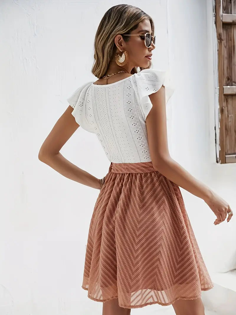 Caliah – Charming Eyelets Ruffle Sleeves Dress