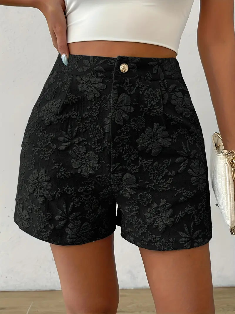 Tazlira – Elegant Floral Embossed High-waist Shorts