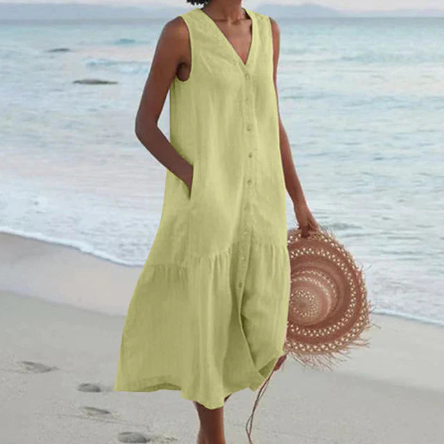 Clea - Sleeveless Cotton Linen V-neck Dress
