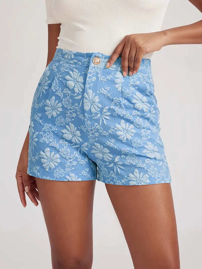 Tazlira – Elegant Floral Embossed High-waist Shorts