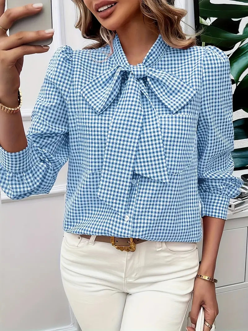 Mortisia – Classic Bow Tie Checkered Blouse