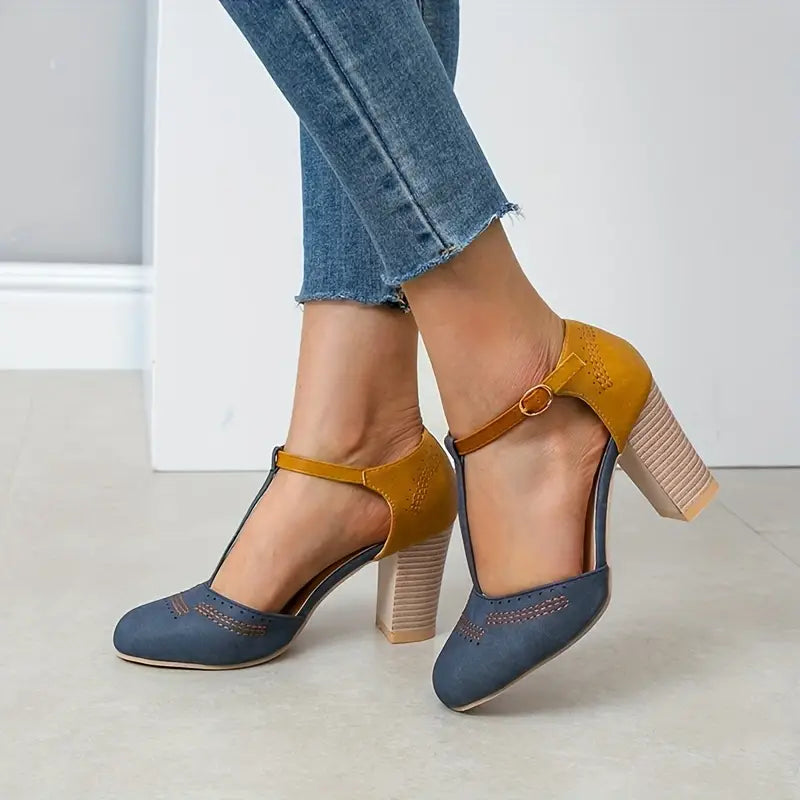 Aureven – Vintage Block Heel T-strap Sandals