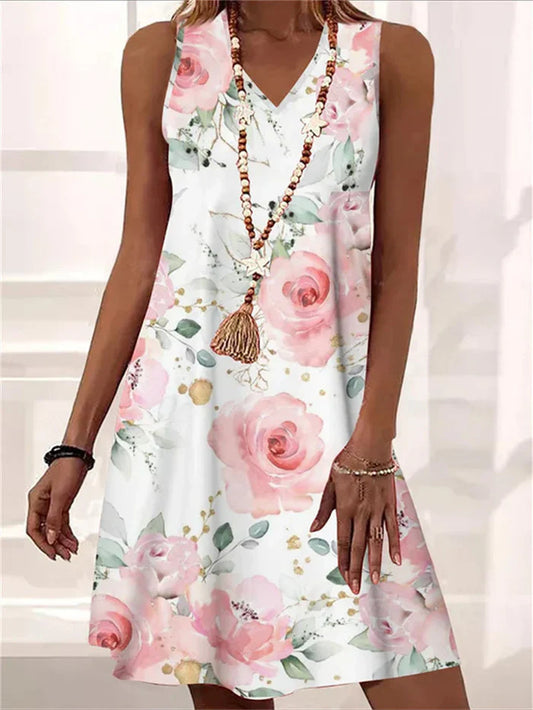 Elara – Classic V-neck Floral Dress