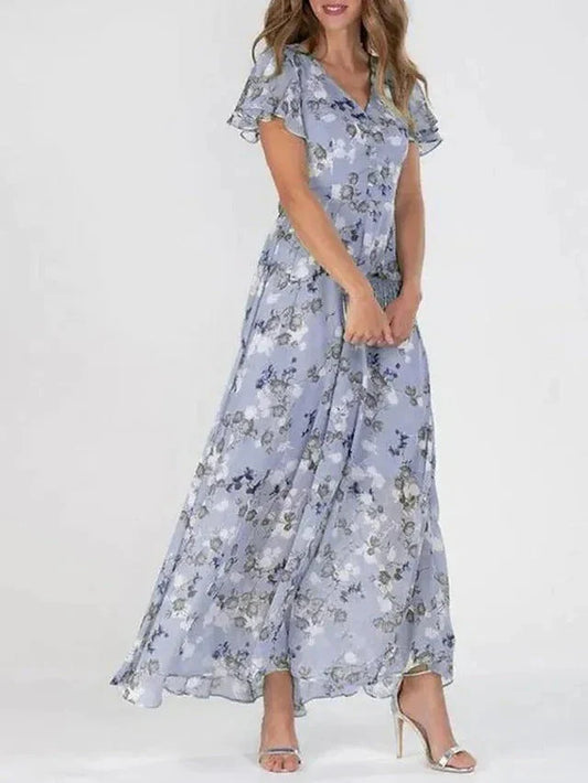 Junmie – Elegant Chiffon Floral Maxi Dress