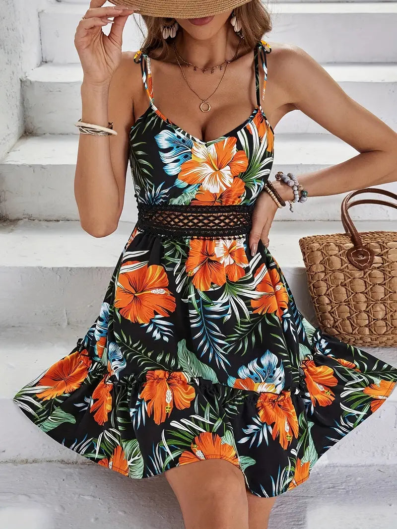 Ivella – Tropical Floral Print Mini Dress with Lace Waist