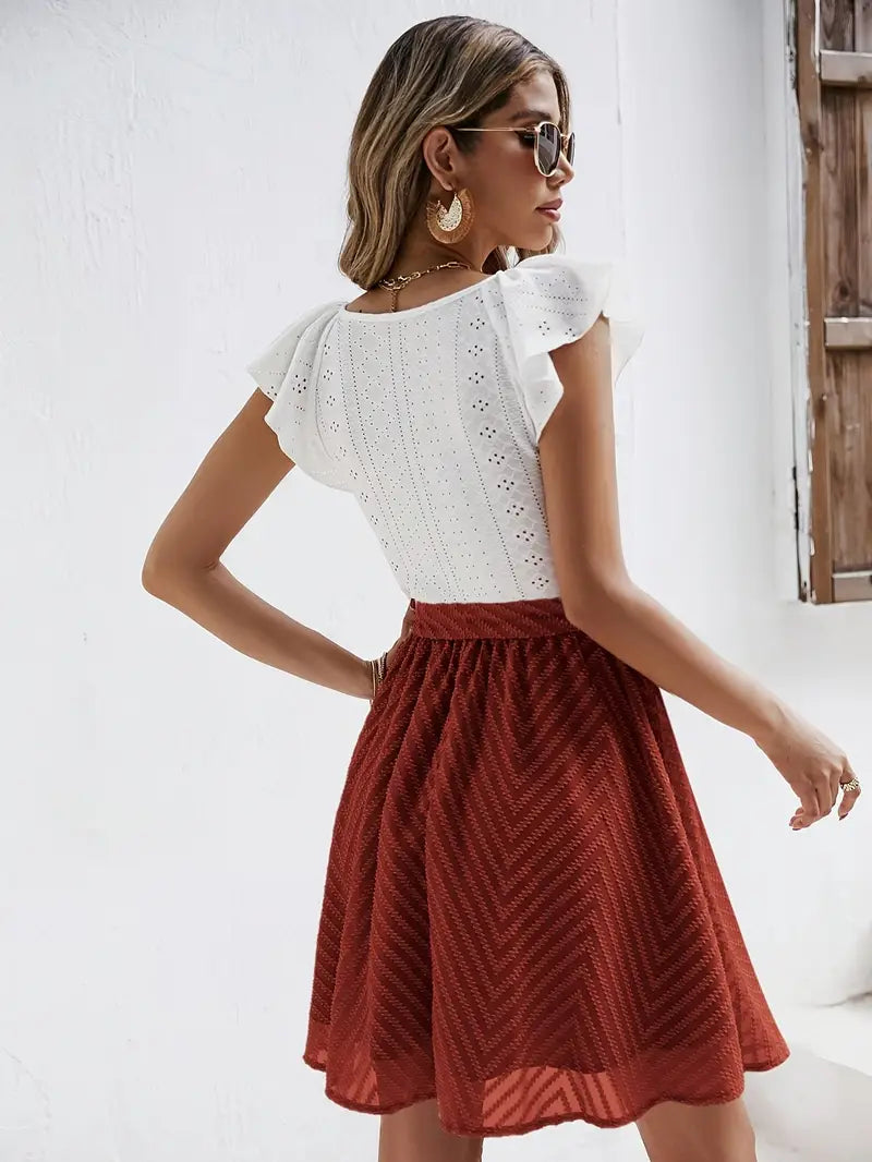 Caliah – Charming Eyelets Ruffle Sleeves Dress